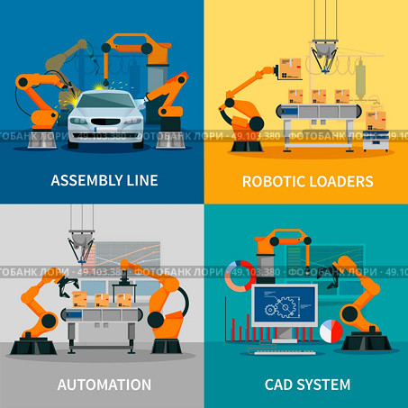  Automation Concept Icons Set . Automation concept icons set with assembly line and CAD system symbols flat isolated vector illustration . Стоковая иллюстрация, агентство Ingram Publishing / Фотобанк Лори