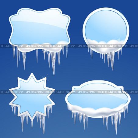  Icicle Frames Set. Icicle and snow realistic frames set on blue background isolated vector illustration . Стоковая иллюстрация, агентство Ingram Publishing / Фотобанк Лори