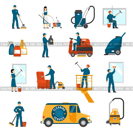   Industrial Cleaning Service Flat Icons Set . Industrial cleaning service workers flat icons collection with vacuum scrubber and sweeper machines abstract isolated vector illustration . Стоковая иллюстрация, агентство Ingram Publishing / Фотобанк Лори