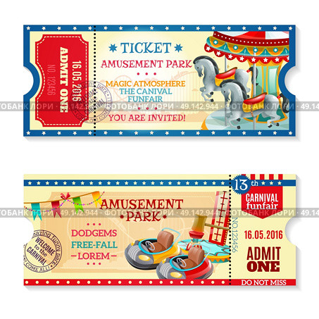  Invitation Tickets To Carnival In Amusement Park. Two invitation tickets to carnival in amusement park with date of event and funfair decorative elements flat vector illustration. Стоковая иллюстрация, агентство Ingram Publishing / Фотобанк Лори