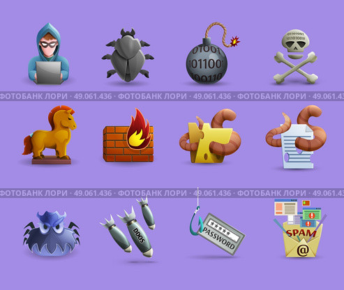  Malicious Software  Icons  Set .  Icons set  representing methods of cracking systems variants malicious software and firewall activity isolated vector illustration. Стоковая иллюстрация, агентство Ingram Publishing / Фотобанк Лори