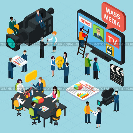  Mass Media Isometric Concept. Mass media  isometric design concept set with journalists preparing news materials operators working with camera and interviewer vector illustration. Редакционная иллюстрация, агентство Ingram Publishing / Фотобанк Лори