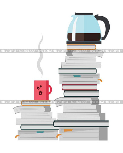  offee Pot and Cup of Coffee on the Heap of Books.  offee pot and cup of strong hot coffee on the heap of books isolated on white. Teapot for brewing and pouring tea. Make pause in the office work. Part of series of daily routine of the week. Vector. Стоковая иллюстрация, агентство Ingram Publishing / Фотобанк Лори