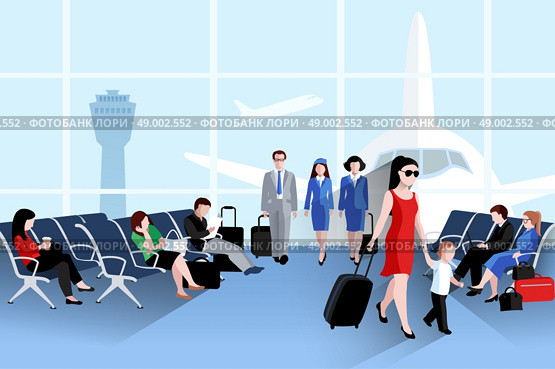  People On Airport Composition . People on airport composition with plane window and luggage flat vector illustration. Стоковая иллюстрация, агентство Ingram Publishing / Фотобанк Лори