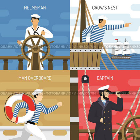  Ship Crew 4 Icons Concept . Sail ship crew members at work 4 flat icons square with helmsman captain sailors isolated vector illustration . Стоковая иллюстрация, агентство Ingram Publishing / Фотобанк Лори