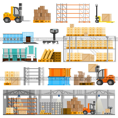  Warehouse Icons Set . Warehouse orthogonal icons set with loader and cargo flat isolated vector illustration . Стоковая иллюстрация, агентство Ingram Publishing / Фотобанк Лори