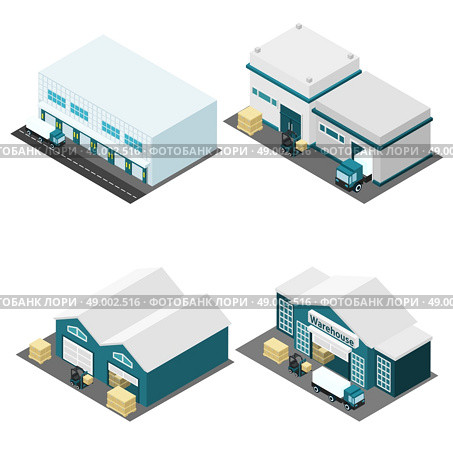  Warehouse Isometric Icons Set . Warehouse building isometric icons set with truck boxes and road isolated vector illustration . Стоковая иллюстрация, агентство Ingram Publishing / Фотобанк Лори