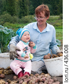 Бабушка и внучка перебирают картофель (2008 год). Редакционное фото, фотограф Ирина Солошенко / Фотобанк Лори
