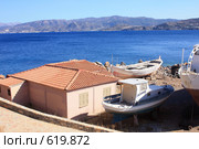 Рыбацкий домик и лодки на берегу моря, Греция, о.Крит (2008 год). Стоковое фото, фотограф Яна Королёва / Фотобанк Лори