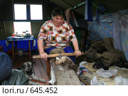Ненецкая женщина  обрабатывает оленью шкуру (2008 год). Редакционное фото, фотограф Николай Гернет / Фотобанк Лори