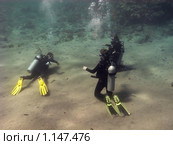 Три дайвера тренируют взаимодействие на дне Красного моря. Стоковое фото, фотограф Сергей Орлов / Фотобанк Лори