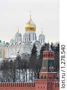 Россия. Москва. Ансамбль Московского Кремля. Золотые купола Архангельского и собора и башни стен Кремля. (2007 год). Стоковое фото, фотограф Дмитрий Заморин / Фотобанк Лори