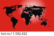 Черная карта мира на красном фоне с георгиевской лентой и флагом России. Стоковая иллюстрация, иллюстратор Олыкайнен Наталья / Фотобанк Лори
