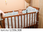 Полугодовалый малыш стоит в детской кроватке. Стоковое фото, фотограф Григорий Писоцкий / Фотобанк Лори