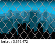Многоэтажные дома в большом городе за металлической сеткой забора. Стоковая иллюстрация, иллюстратор Michael Travers / Фотобанк Лори