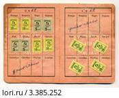 Внутренние страницы профсоюзного билета за 1968-1969 года с профмарками членских взносов и отметкой "уплочено" Стоковое фото, фотограф Анна Мартынова / Фотобанк Лори