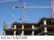 Подъемные башенные краны на строительстве здания (2012 год). Редакционное фото, фотограф Щеголева Ольга / Фотобанк Лори