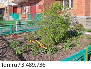 Палисадник перед городским многоквартирным жилым домом. Москва (2012 год). Стоковое фото, фотограф Сергей Соболев / Фотобанк Лори