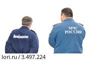 Представители Мособлпожспаса и МЧС России. Вид со спины. Изолировано на белом фоне (2012 год). Редакционное фото, фотограф Наталья Крупская / Фотобанк Лори