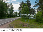Указатель города Приморск Ленинградской области на вьезде (2012 год). Стоковое фото, фотограф Андрей Небукин / Фотобанк Лори