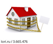 Дом окован в цепь и табличка для текста. Стоковая иллюстрация, иллюстратор Кирилл Черезов / Фотобанк Лори