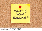 Надпись на желтом стикере "What is Your Excuse?" Стоковое фото, фотограф Ивелин Радков / Фотобанк Лори