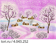 Зимний пейзаж в сиреневых тонах, рождественская открытка, акварель, гуашь, акрил. Стоковая иллюстрация, иллюстратор ИВА Афонская / Фотобанк Лори