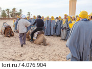 Экскурсовод показывает туристам, как правильно слезать с верблюда. Douz, Tunisia (2012 год). Редакционное фото, фотограф Кекяляйнен Андрей / Фотобанк Лори