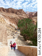 Спуск к водопаду в оазисе в Атласских горах, Chebika, Tunisia, Africa (2012 год). Редакционное фото, фотограф Кекяляйнен Андрей / Фотобанк Лори