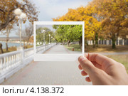 Рука держащая моментальное фото на фоне осеннего пейзажа. Стоковое фото, фотограф Антон Соколов / Фотобанк Лори