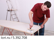 Мужчина клеит обои. Стоковое фото, фотограф Phovoir Images / Фотобанк Лори