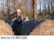 Пограничный кот Рыжий. Мальчик со своим питомцем на роллах  сена. Стоковое фото, фотограф Ирина Кожемякина / Фотобанк Лори