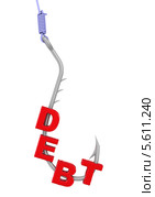 Слово "DEBT" (долг) на рыболовном крючке. Стоковая иллюстрация, иллюстратор WalDeMarus / Фотобанк Лори