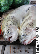Two rainbow trouts, tomatoes and garlic on rustic wooden table. Стоковое фото, агентство BE&W Photo / Фотобанк Лори