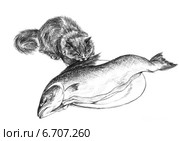 Кошка пытается украсть сёмгу - The cat trying to steal salmon. Стоковая иллюстрация, иллюстратор Марина Ефремова / Фотобанк Лори