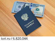 Трудовая книжка гражданина Российской Федерации с вложенной пачкой 100-долларовых купюр. Стоковое фото, фотограф Александр Тарасенков / Фотобанк Лори