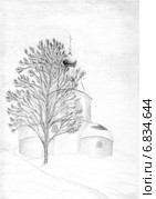 Зима. Рисунок графитовым карандашом. Стоковая иллюстрация, иллюстратор Olga Nikolaeva / Фотобанк Лори