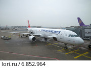 Самолет авиакомпании Turkish Airlines перед вылетом в аэропорту Франкфурта (2014 год). Редакционное фото, фотограф Виктор Карасев / Фотобанк Лори