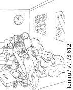 Тинейджер в своей комнате играет за ноутбуком. Черно-белый линейный рисунок. Стоковая иллюстрация, иллюстратор Куликова Татьяна / Фотобанк Лори