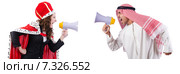 Arab man and queen are shouting through loudspeakers isolated on white. Стоковое фото, фотограф Elnur / Фотобанк Лори