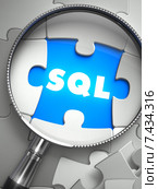 SQL . Надпись на паззле под увеличительным стеклом. Стоковая иллюстрация, иллюстратор Илья Урядников / Фотобанк Лори