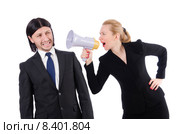 Businessman and businesswoman with megaphone isolated on white. Стоковое фото, фотограф Elnur / Фотобанк Лори