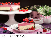 Порция вкусного праздничного торта - малиновый двухслойный чизкейк, украшен шоколадной глазурью и свежими ягодами. Стоковое фото, фотограф Ekaterina Smirnova / Фотобанк Лори
