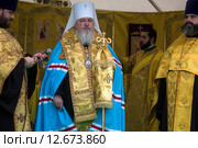Кирилл, митрополит Ставропольский и Невинномысский (Покровский Леонид Николаевич) во время обряда освящения походного иконостаса на Пятом международном фестивале "Казачья станица Москва" в музее-усадьбе "Коломенское" (2015 год). Редакционное фото, фотограф Николай Винокуров / Фотобанк Лори