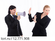 Businessman and businesswoman with megaphone isolated on white. Стоковое фото, фотограф Elnur / Фотобанк Лори