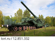 305-мм артиллерийская установка на железнодорожном транспортере ТМ-3-12. Форт «Красная Горка» (Алексеевский), Ленинградская область (2015 год). Редакционное фото, фотограф Виктор Карасев / Фотобанк Лори