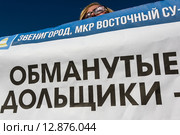 Дольщик строительной компании держит плакат митинге обманутых дольщиков компании СУ-155 в городе Москве, Россия (2015 год). Редакционное фото, фотограф Николай Винокуров / Фотобанк Лори