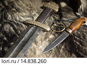 Средневековый меч викингов лежит на меху рядом с ножом и фибулой. Стоковое фото, фотограф Дмитрий Черевко / Фотобанк Лори