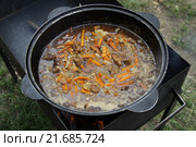 Мясо тушится в казане. Стоковое фото, фотограф Алина Галиева / Фотобанк Лори