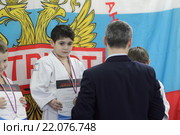 Победители на пьедестале, соревнования по дзюдо в Балашихе (2016 год). Редакционное фото, фотограф Дмитрий Неумоин / Фотобанк Лори